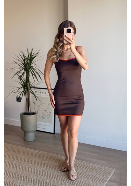 Kahve Turuncu Askılı Premium Mini Elbise