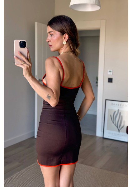 Kahve Turuncu Askılı Premium Mini Elbise modelleri