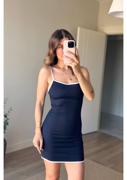 Lacivert Beyaz Askılı Premium Mini Elbise