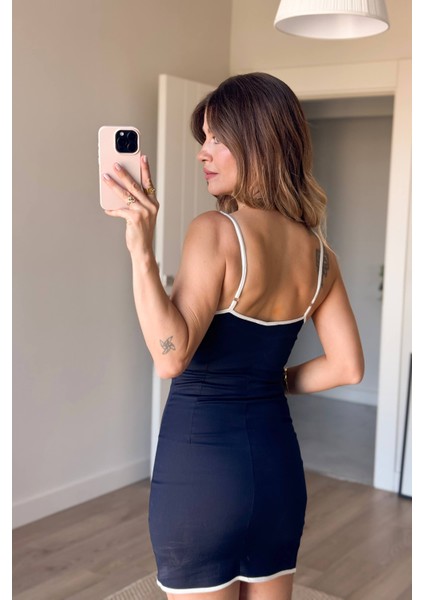 Lacivert Beyaz Askılı Premium Mini Elbise modelleri