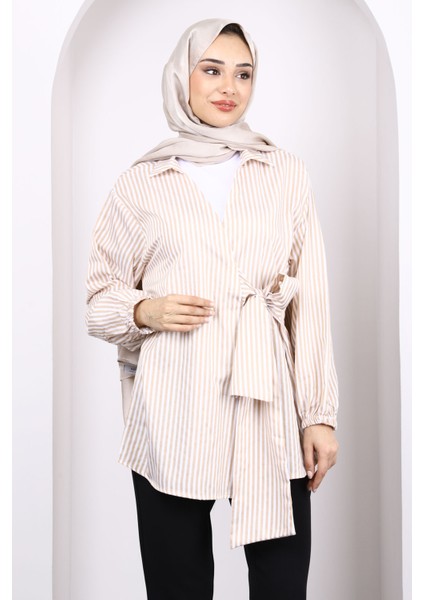 Krem/bisküvi Çizgili Yan Bağlamalı Kimono modelleri