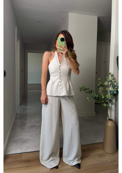 Taş Rengi Düğmeli Pantolon Bluz Keten Takım