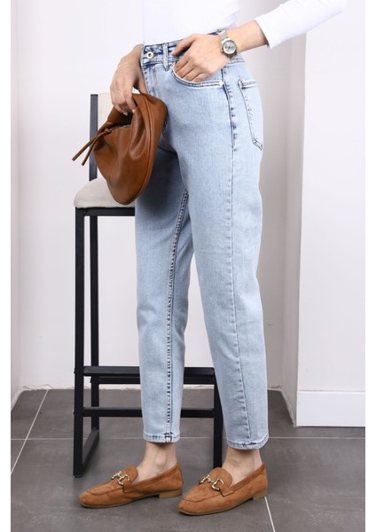 Açık Mavi Yüksek Bel Mom Jeans Pantolon fiyatları