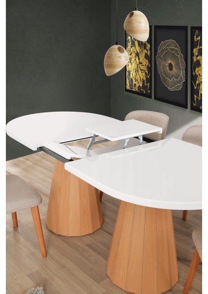 Beyaz Highgloss Piramit Ayak Rüya Sandalye Soft-03 90*160+30 Pota Açılabilir Masa Takımı