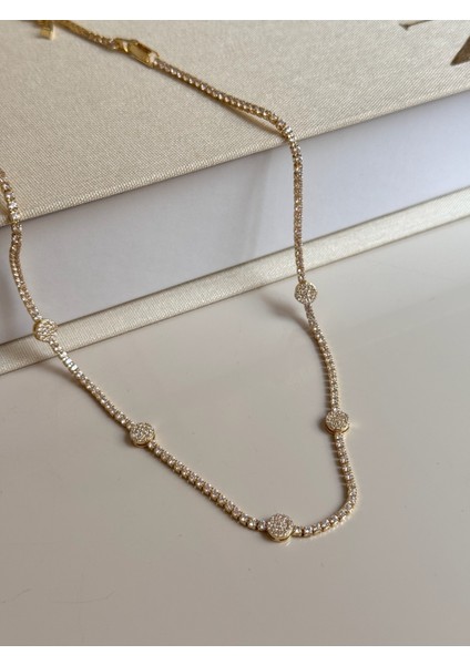 Zirkon Taşlı Oval Gold Kolye Çelik Kadın