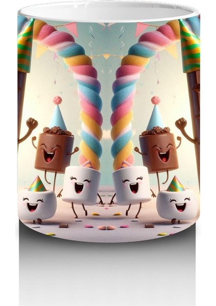 Çocuklara Sütü Sevdiren Parti Şapkalı Çikolata ve Marshmallowlar Desenli Kupa Bardak modelleri
