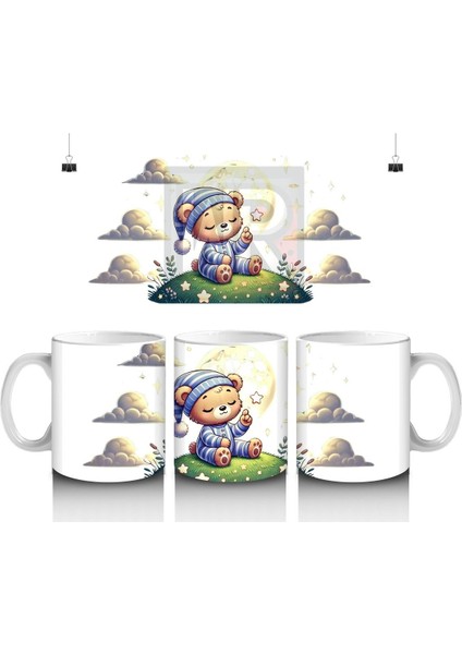 Çocuklara Sütü Sevdiren Yıldız Tutan Pijamalı Ayıcık Desenli Kupa Bardak