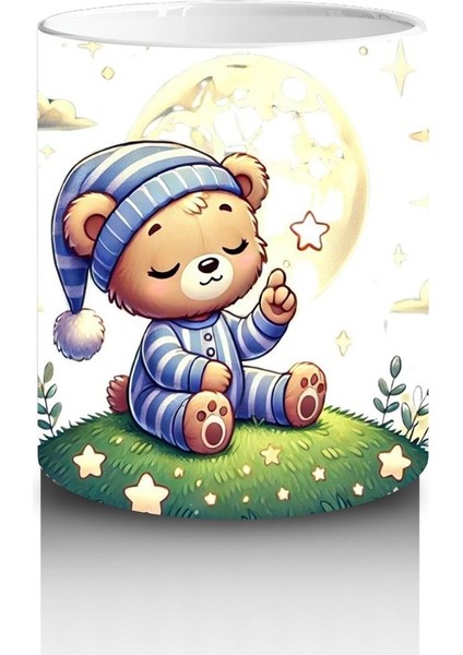 Çocuklara Sütü Sevdiren Yıldız Tutan Pijamalı Ayıcık Desenli Kupa Bardak modelleri