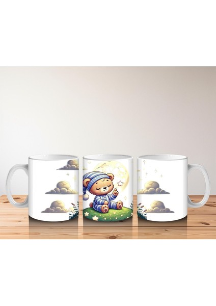 Çocuklara Sütü Sevdiren Yıldız Tutan Pijamalı Ayıcık Desenli Kupa Bardak indirimleri