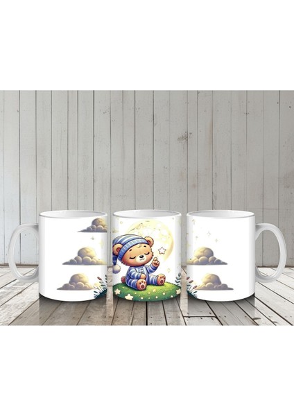 Çocuklara Sütü Sevdiren Yıldız Tutan Pijamalı Ayıcık Desenli Kupa Bardak