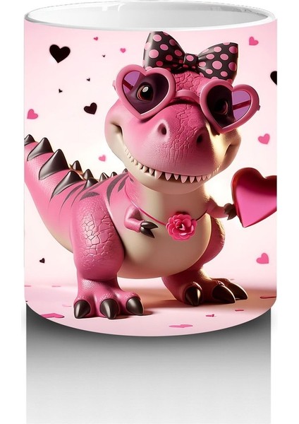Çocuklara Sütü Sevdiren Kalp Çerçevesinden Bakan Pembe Dinozor Kupa Bardak
