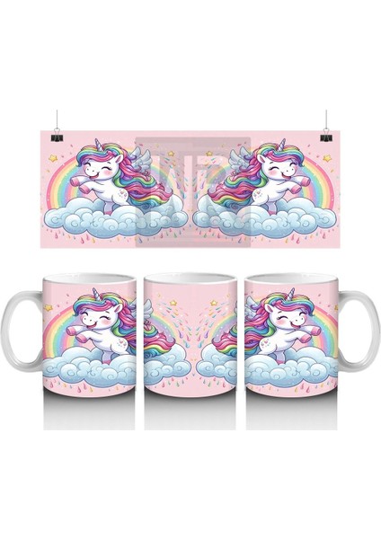 Çocuklara Sütü Sevdiren Gökkuşağında Uçan Mutlu Unicorn Desenli Kupa Bardak