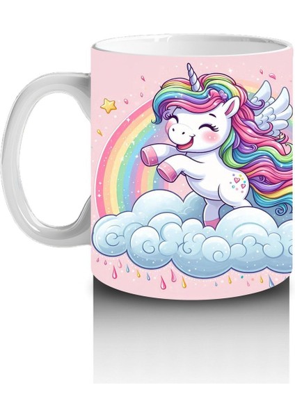 Çocuklara Sütü Sevdiren Gökkuşağında Uçan Mutlu Unicorn Desenli Kupa Bardak
