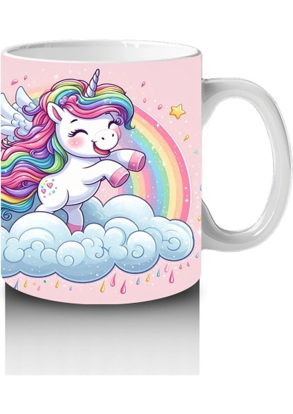 Çocuklara Sütü Sevdiren Gökkuşağında Uçan Mutlu Unicorn Desenli Kupa Bardak