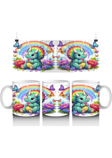 Çocuklara Sütü Sevdiren Gökkuşağı Triceratops Kupa Bardak