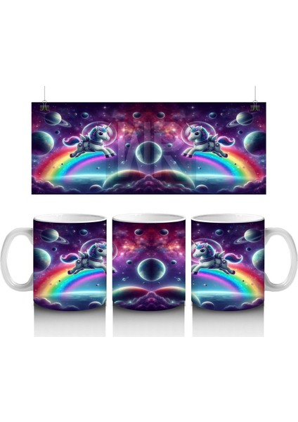 Çocuklara Sütü Sevdiren Astronot Gökkuşağı Unicorn Kupa Bardak