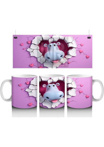 Çocuklara Sütü Sevdiren Kalp Çerçevesindeki Meraklı Su Aygırı Kupa Bardak