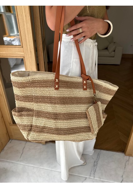 Cepli Cüzdanlı Oversize Hasır Çanta Camel Bej