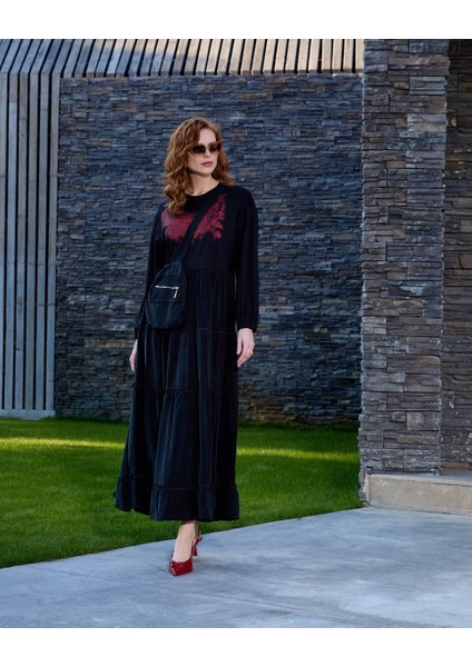 Baskılı Detaylı Elbise 37834 Siyah