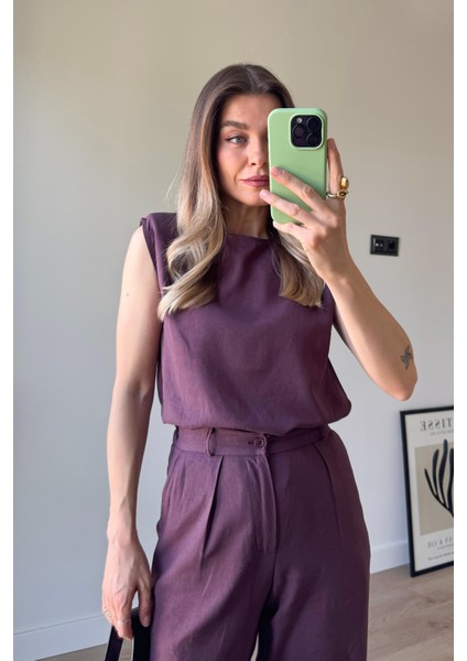 Bordo Vatkalı Kolsuz Keten Bluz Pantolon Takım fiyatları