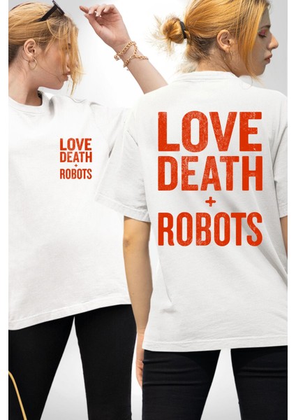 Love, Death & Robots Beyaz Oversize Kadın Erkek Ön ve Sırt Baskılı Tişört