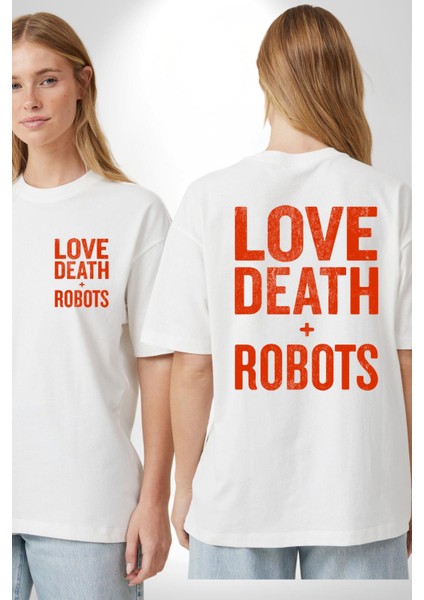 Love, Death & Robots Beyaz Oversize Kadın Erkek Ön ve Sırt Baskılı Tişört fırsatları