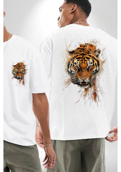 Kaplanın Öfkesi Kaplan Kafası Beyaz Oversize Kadın Erkek Ön ve Sırt Baskılı Tişört