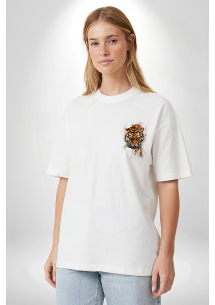 Kaplanın Öfkesi Kaplan Kafası Beyaz Oversize Kadın Erkek Ön ve Sırt Baskılı Tişört modelleri