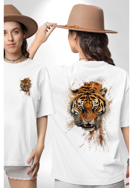 Kaplanın Öfkesi Kaplan Kafası Beyaz Oversize Kadın Erkek Ön ve Sırt Baskılı Tişört fırsatları