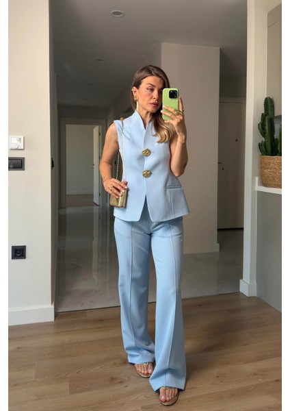 Bebe Mavisi Gold Düğmeli Yelek Pantolon Takım