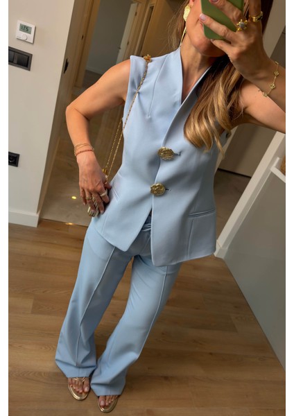 Bebe Mavisi Gold Düğmeli Yelek Pantolon Takım fiyatları