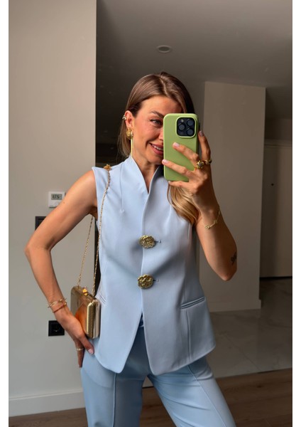 Bebe Mavisi Gold Düğmeli Yelek Pantolon Takım modelleri