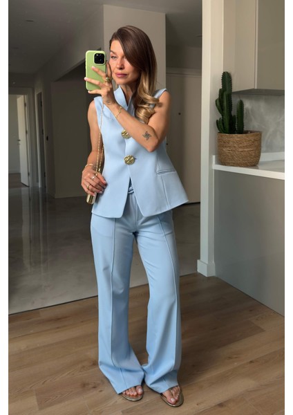 Bebe Mavisi Gold Düğmeli Yelek Pantolon Takım indirimleri