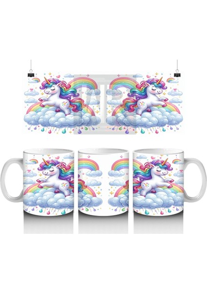 Çocuklara Sütü Sevdiren Gökkuşağında Koşan Sevimli Unicorn Desenli Kupa Bardak