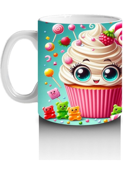 Çocuklara Sütü Sevdiren Gözleri Gülen Renkli Cupcake ve Şekerlemeler Desenli Kupa Bardak fiyatları