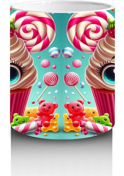 Çocuklara Sütü Sevdiren Gözleri Gülen Renkli Cupcake ve Şekerlemeler Desenli Kupa Bardak modelleri