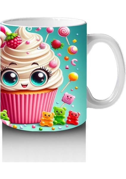 Çocuklara Sütü Sevdiren Gözleri Gülen Renkli Cupcake ve Şekerlemeler Desenli Kupa Bardak fırsatları