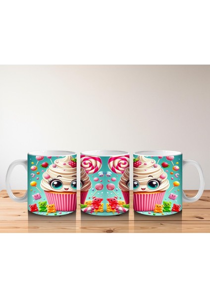 Çocuklara Sütü Sevdiren Gözleri Gülen Renkli Cupcake ve Şekerlemeler Desenli Kupa Bardak indirimleri