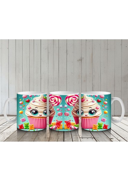 Çocuklara Sütü Sevdiren Gözleri Gülen Renkli Cupcake ve Şekerlemeler Desenli Kupa Bardak