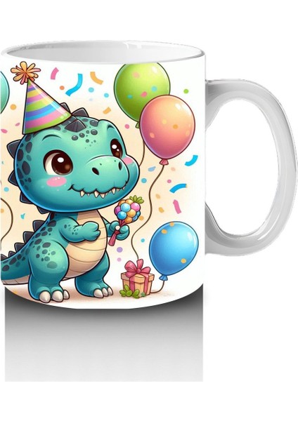 Çocuklara Sütü Sevdiren Doğum Günü Şapkalı Balonlu Dinozor Desenli Kupa Bardak fırsatları