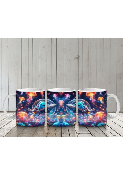 Çocuklara Sütü Sevdiren Roket Kullanan Sevimli Balina ve Denizaltı Dünyası Desenli Kupa Bardak