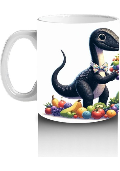 Çocuklara Sütü Sevdiren Meyve Buketi Tutan Dinozor Desenli Kupa Bardak