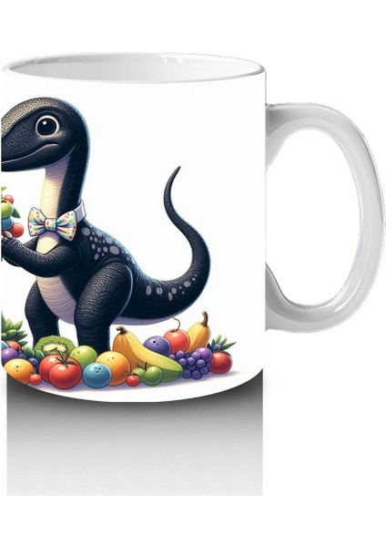 Çocuklara Sütü Sevdiren Meyve Buketi Tutan Dinozor Desenli Kupa Bardak