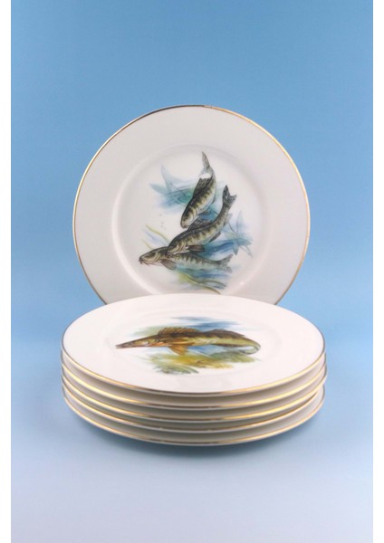 Fish Altın Yaldızlı 6 Kişilik Porselen Pasta Tabağı