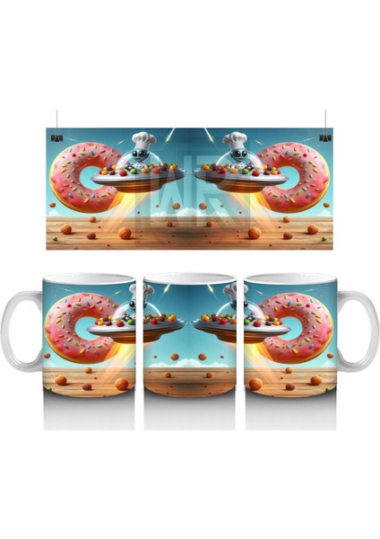 Çocuklara Sütü Sevdiren Uçan Donut ve Şef Fareli Uzay Gemisi Desenli Kupa Bardak