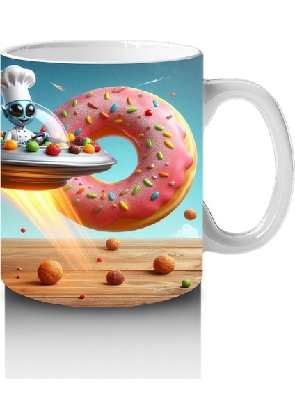 Çocuklara Sütü Sevdiren Uçan Donut ve Şef Fareli Uzay Gemisi Desenli Kupa Bardak
