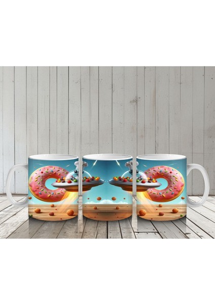 Çocuklara Sütü Sevdiren Uçan Donut ve Şef Fareli Uzay Gemisi Desenli Kupa Bardak