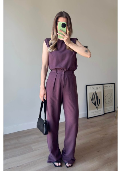 Bordo Vatkalı Kolsuz Keten Bluz Pantolon Takım