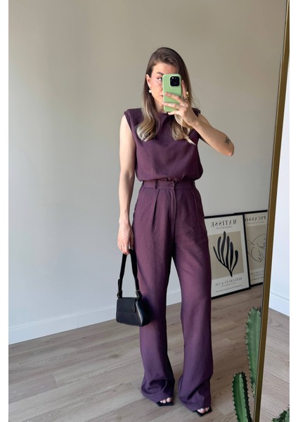 Bordo Vatkalı Kolsuz Keten Bluz Pantolon Takım modelleri