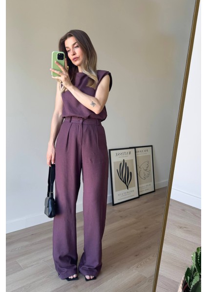 Bordo Vatkalı Kolsuz Keten Bluz Pantolon Takım fırsatları